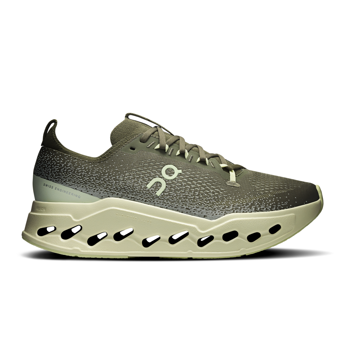 Men's On running shoes, olive knit upper with light seedling Cloud sole and lace-up design