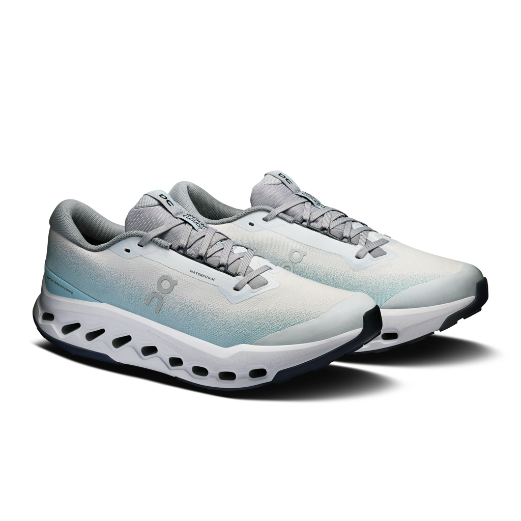 Men's waterproof trail running shoes, light blue/gray upper with lace-up closure