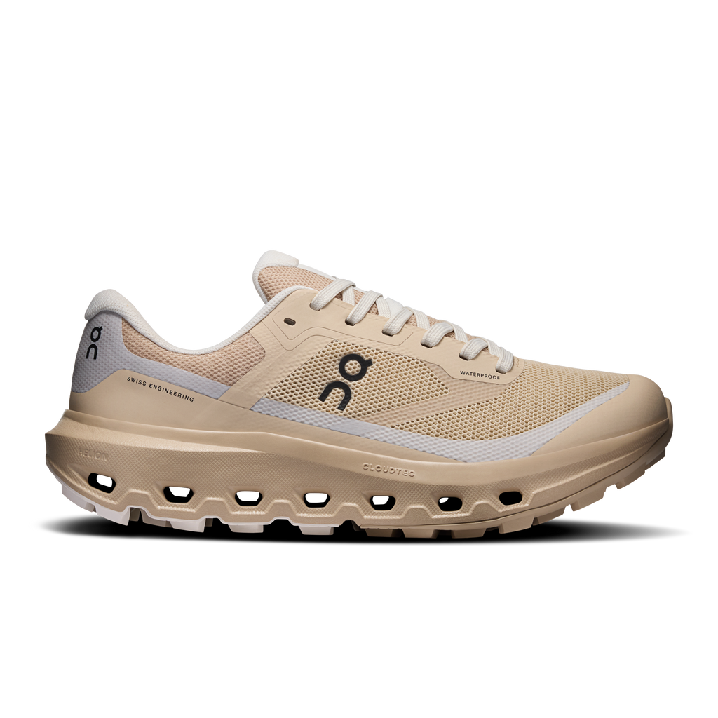 Women’s waterproof running shoes in sand/ice with mesh upper and CloudTec sole