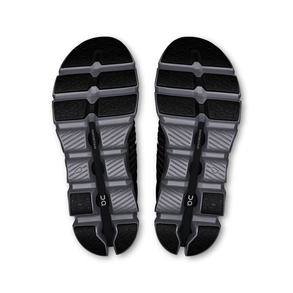 Pair of shoe outsoles with CloudTec-style cushioning, dark and light gray.