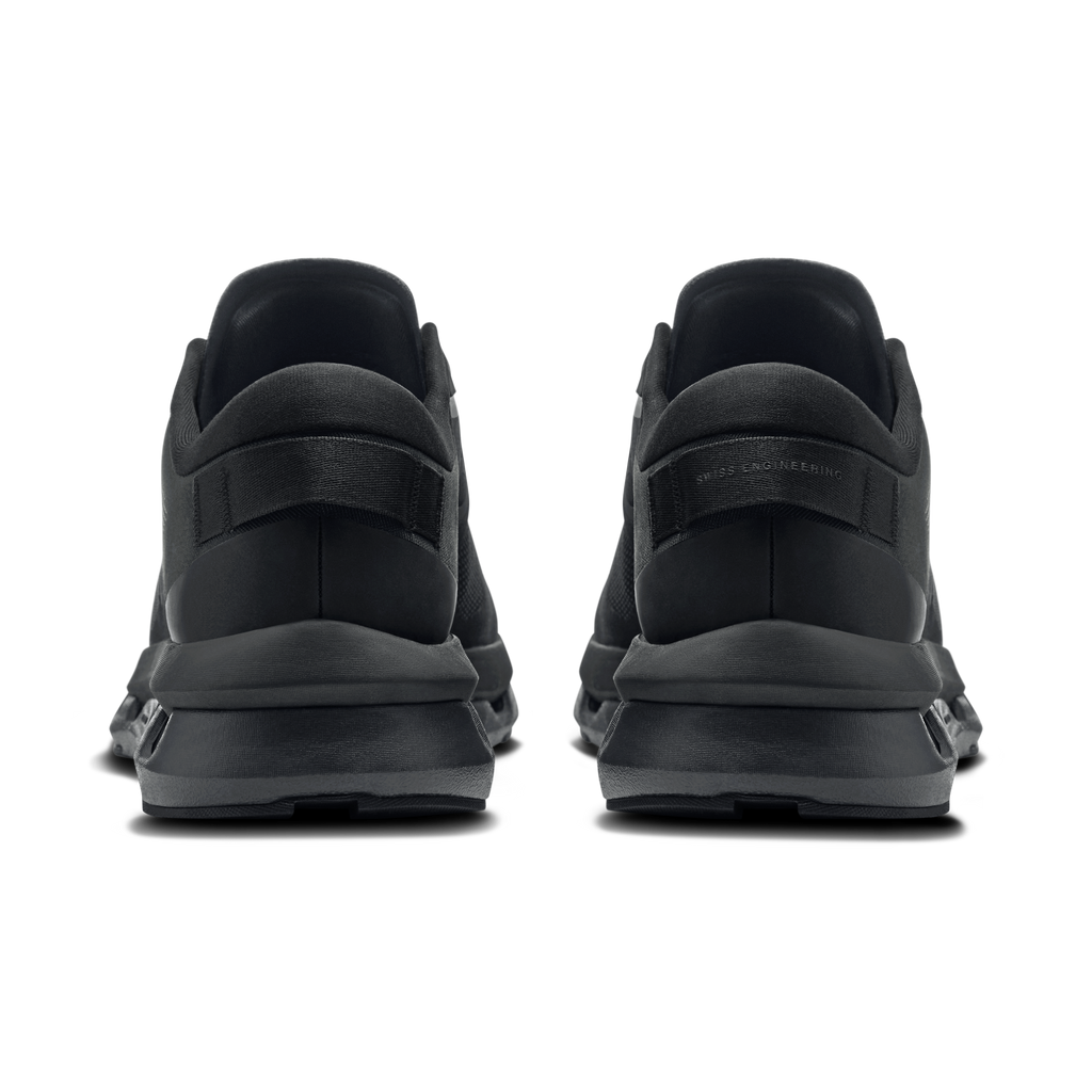 On women's Cloudzone running shoe heel view in black, padded collar and pull tab