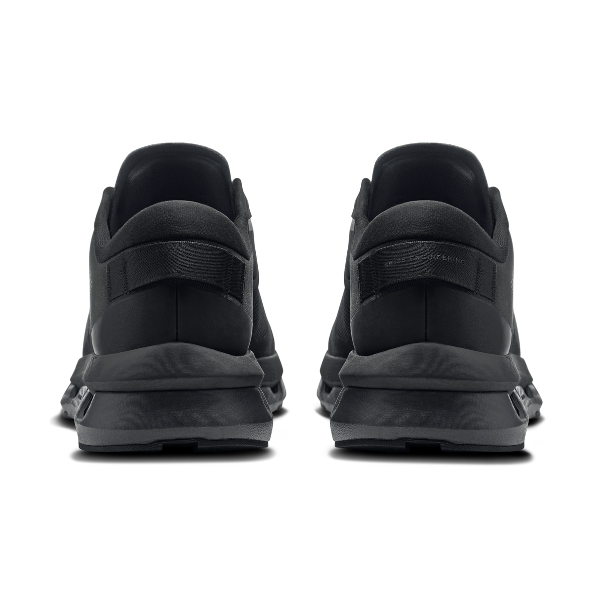 On women's Cloudzone running shoe heel view in black, padded collar and pull tab