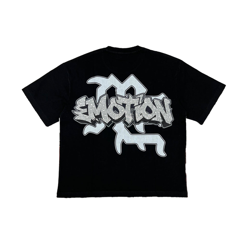 Men's black graphic T-shirt with stylized 'EMOTION' logo front print