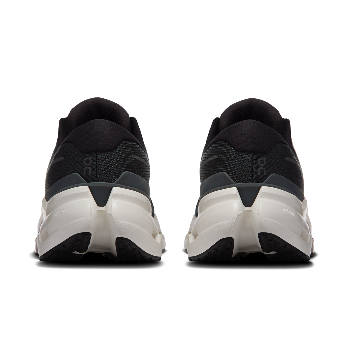 Men's black running shoe heel with white midsole and padded rear collar