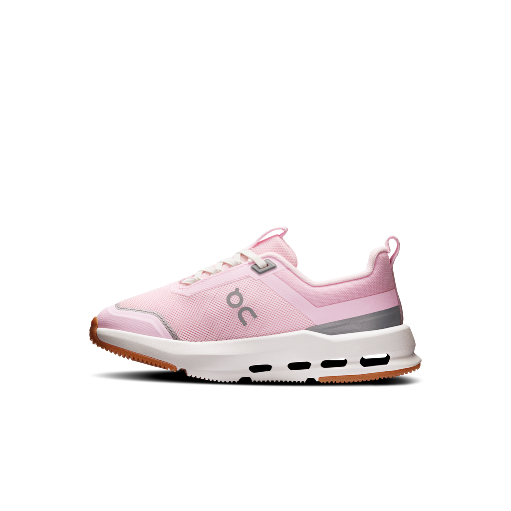 Kids' pink running shoe with padded collar, front strap, and gray heel panel