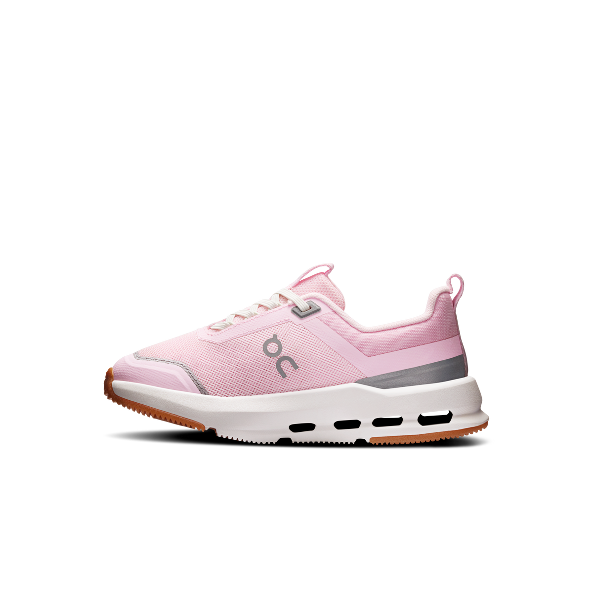 Kids' pink running shoe with padded collar, front strap, and gray heel panel
