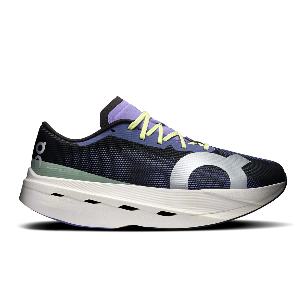 Men's black knit running shoes with neon laces and CloudTec midsole