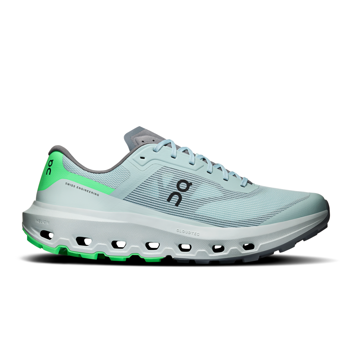 Men's light blue running shoes with green accents, lace-up, CloudTec-style sole