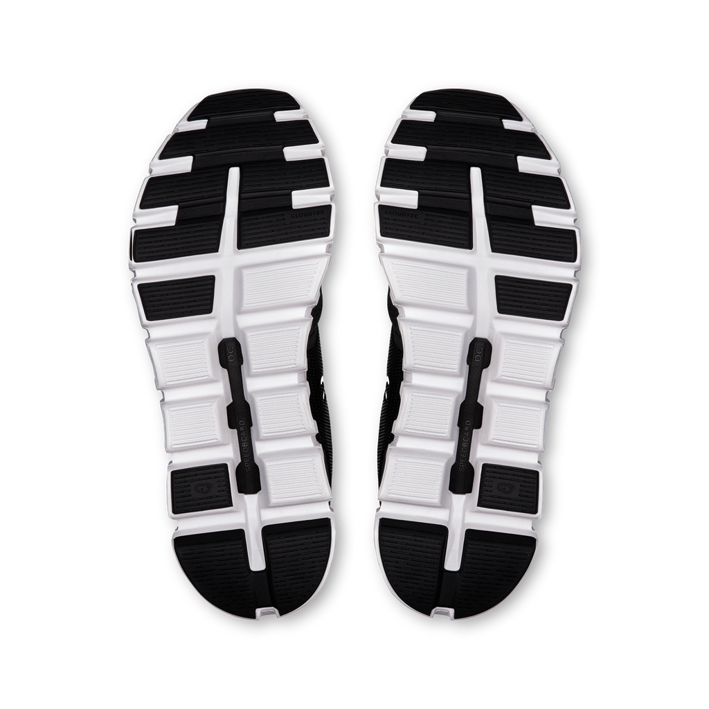 Black and white shoe outsoles with tread pattern, heel and forefoot views