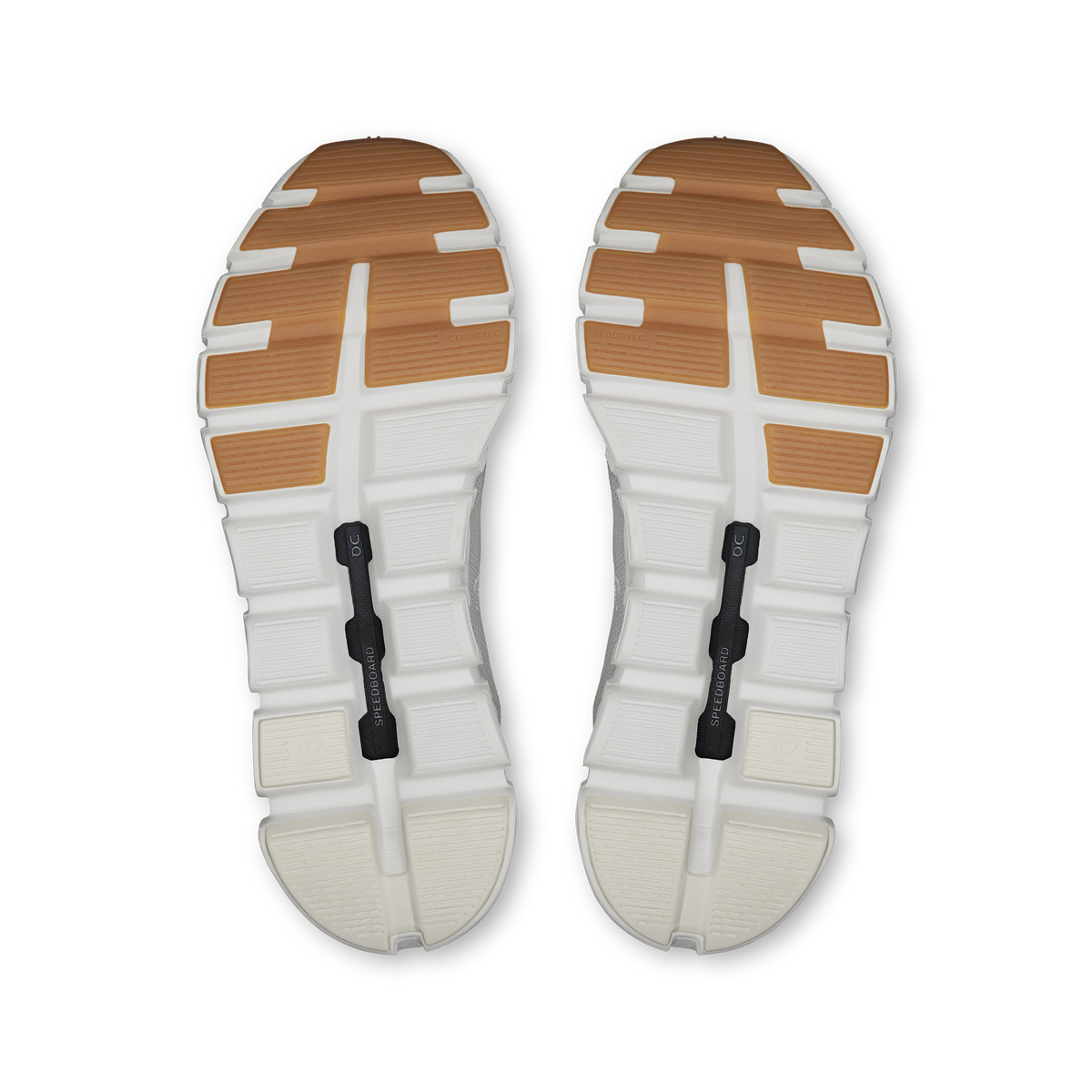 Pair of shoe outsoles, white with brown rubber tread and On Cloud cushioning
