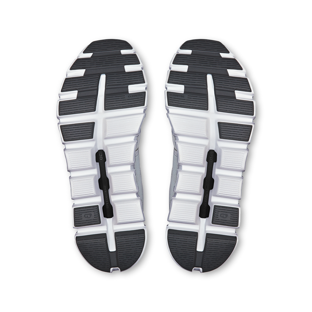 Pair of On Cloud 6 shoes showing white-and-dark treaded outsoles