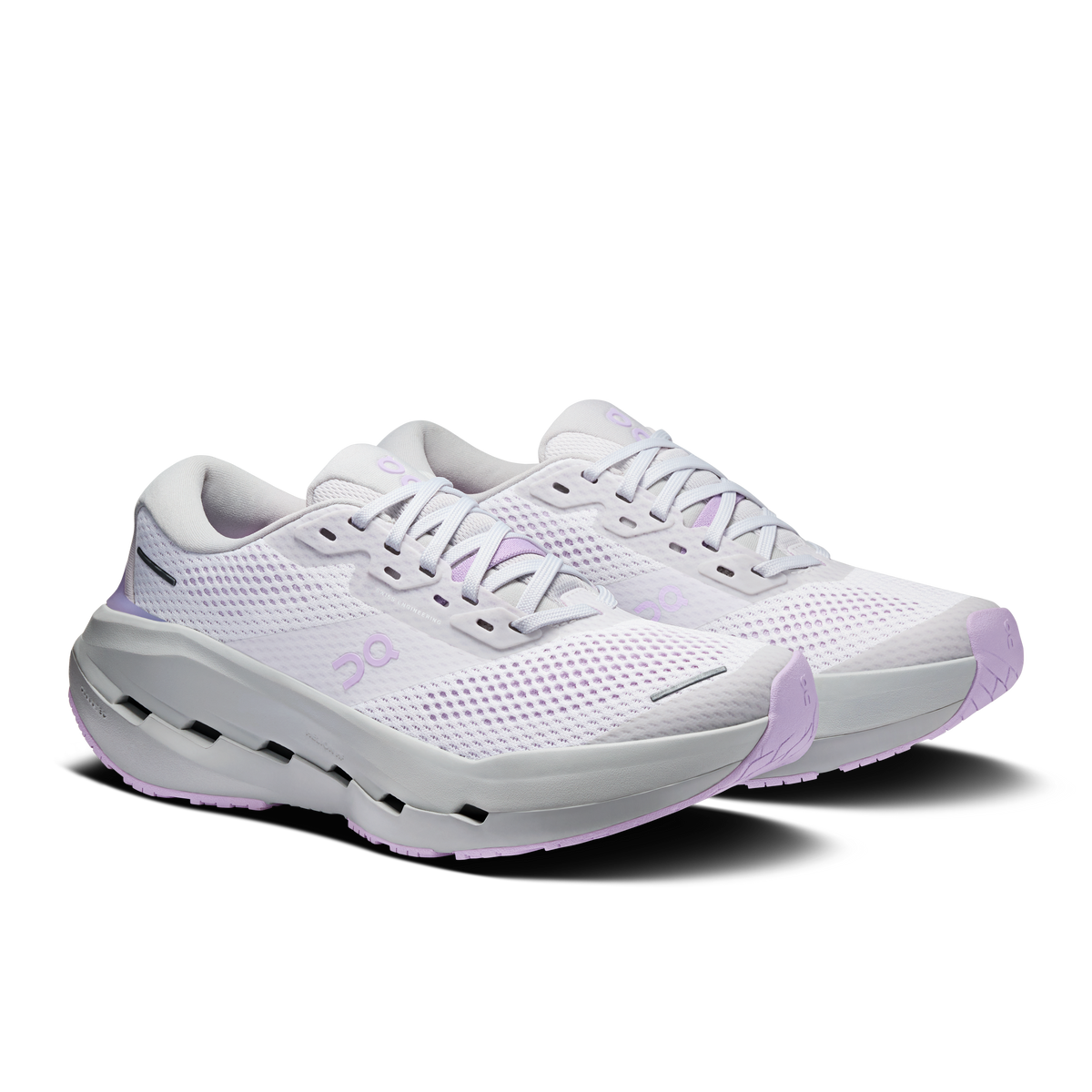 On Cloudrunner 3 Max running shoes, white knit upper with lavender logo and side sole pods