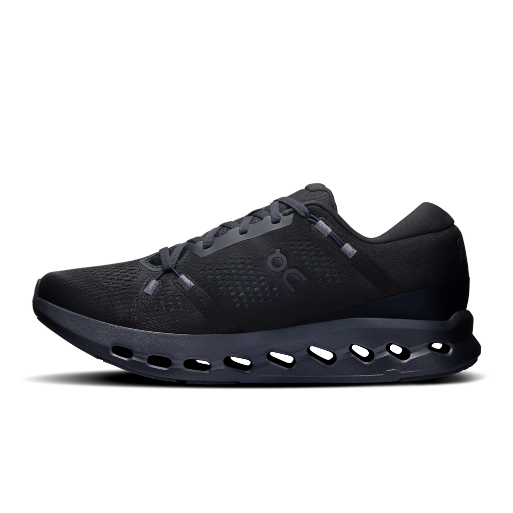 Men's wide running shoes with black mesh upper and lace-up design, cloud-style cushioned outsole