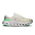 Men's wide running shoe in light cream with green accents, lace-up, cushioned sole