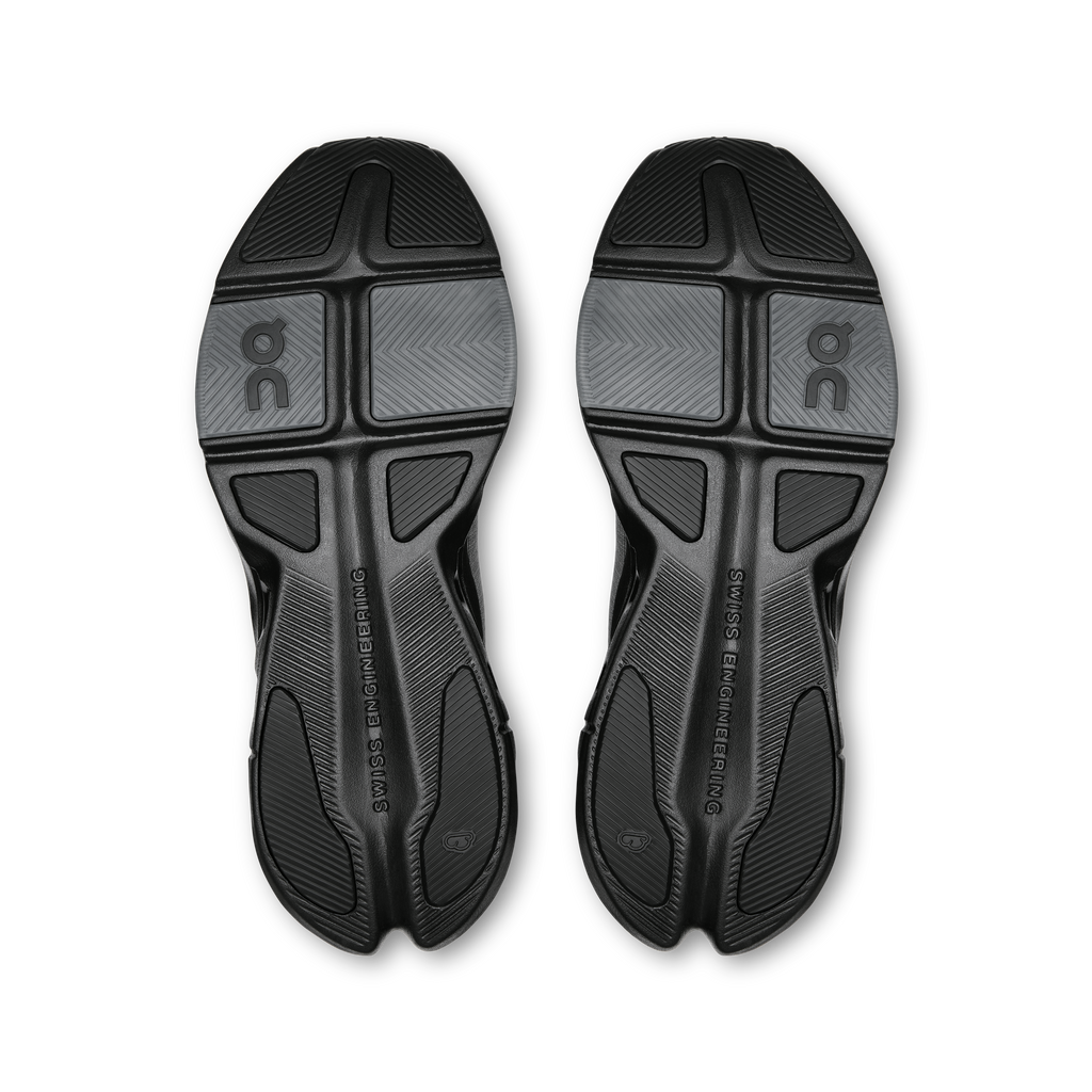 On women's Cloudpulse shoe outsoles, black rubber traction with grey side segments