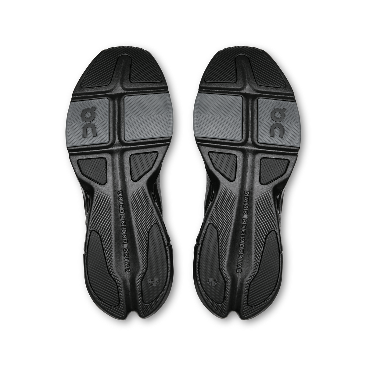 On women's Cloudpulse shoe outsoles, black rubber traction with grey side segments