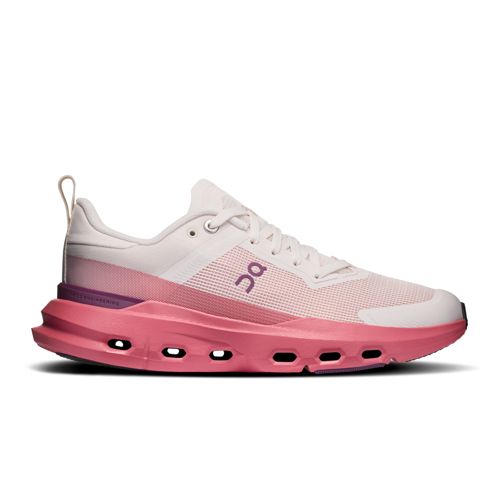 Women's running shoes, oyster white mesh with pink rubber CloudTec sole.