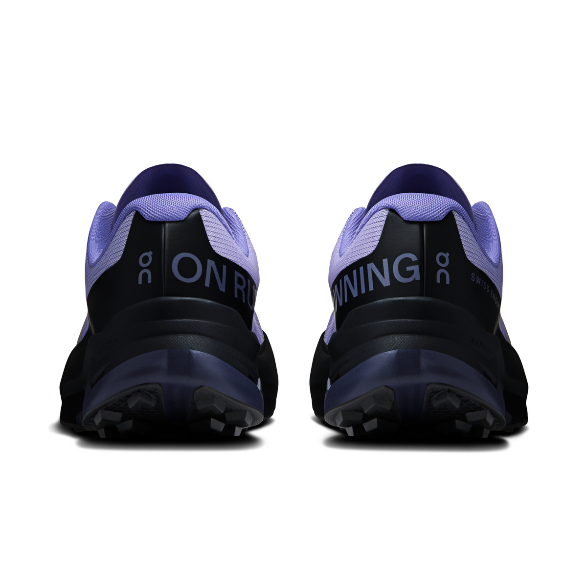 Women's running shoes heel view, lilac upper with black panels and On branding
