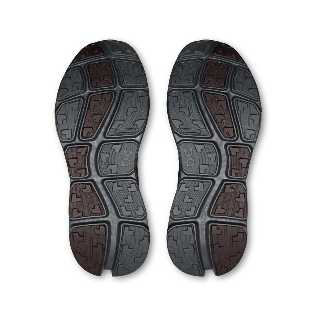 On Cloudsoma Hike shoe outsoles with deep tread pattern in dark gray and burgundy