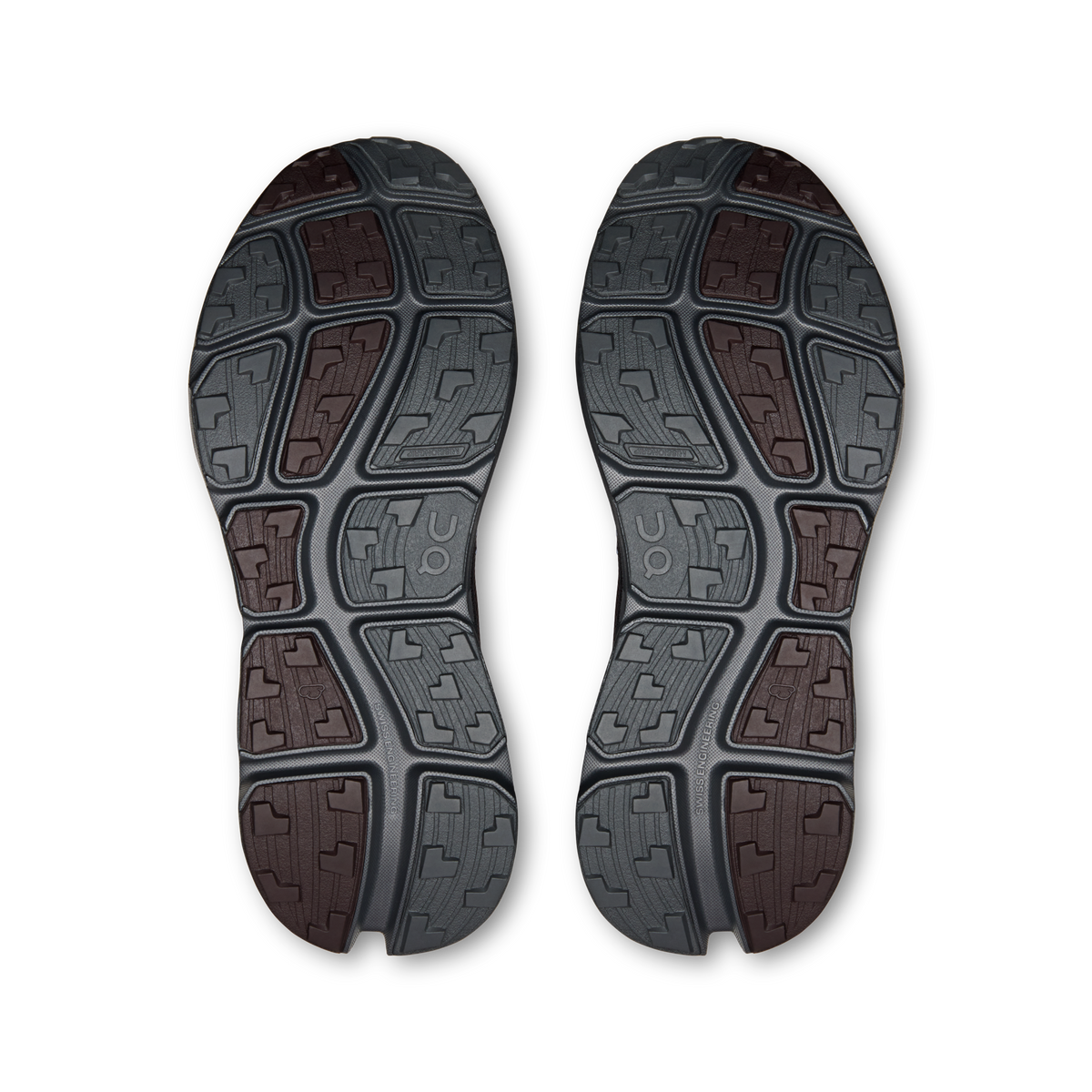 On Cloudsoma Hike shoe outsoles with deep tread pattern in dark gray and burgundy