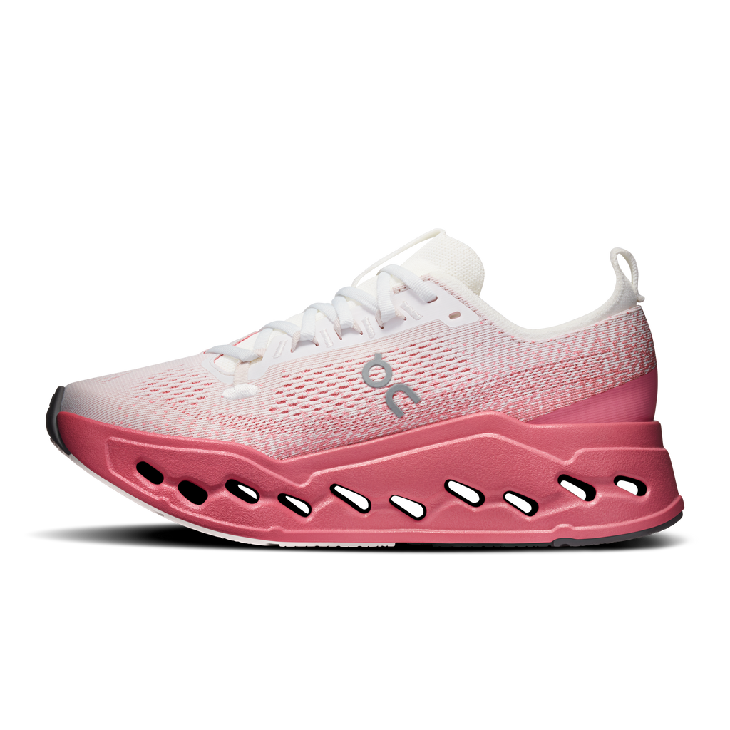 Women's running shoes, white and pink knit upper with pink cushioned sole