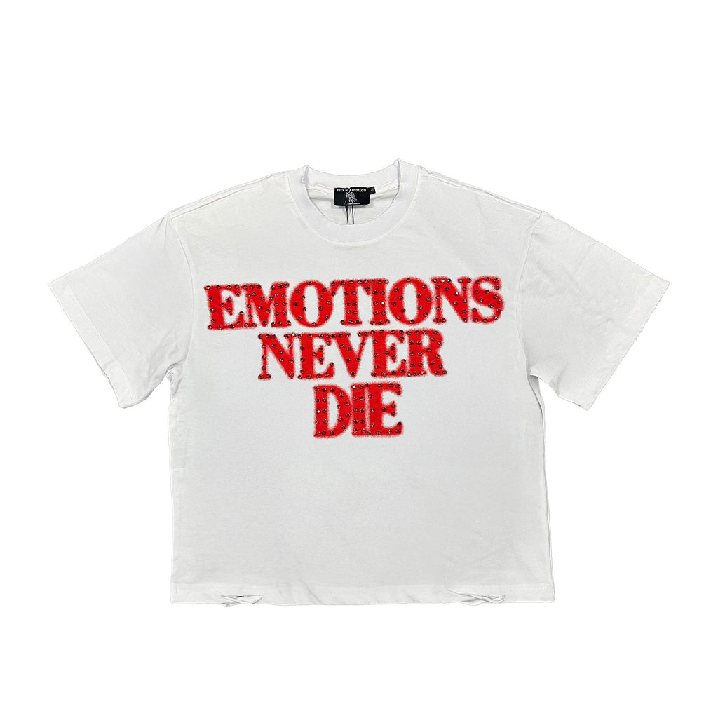 Men's white rhinestone tee with red 'EMOTIONS NEVER DIE' graphic