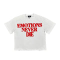 Men's white rhinestone tee with red 'EMOTIONS NEVER DIE' graphic