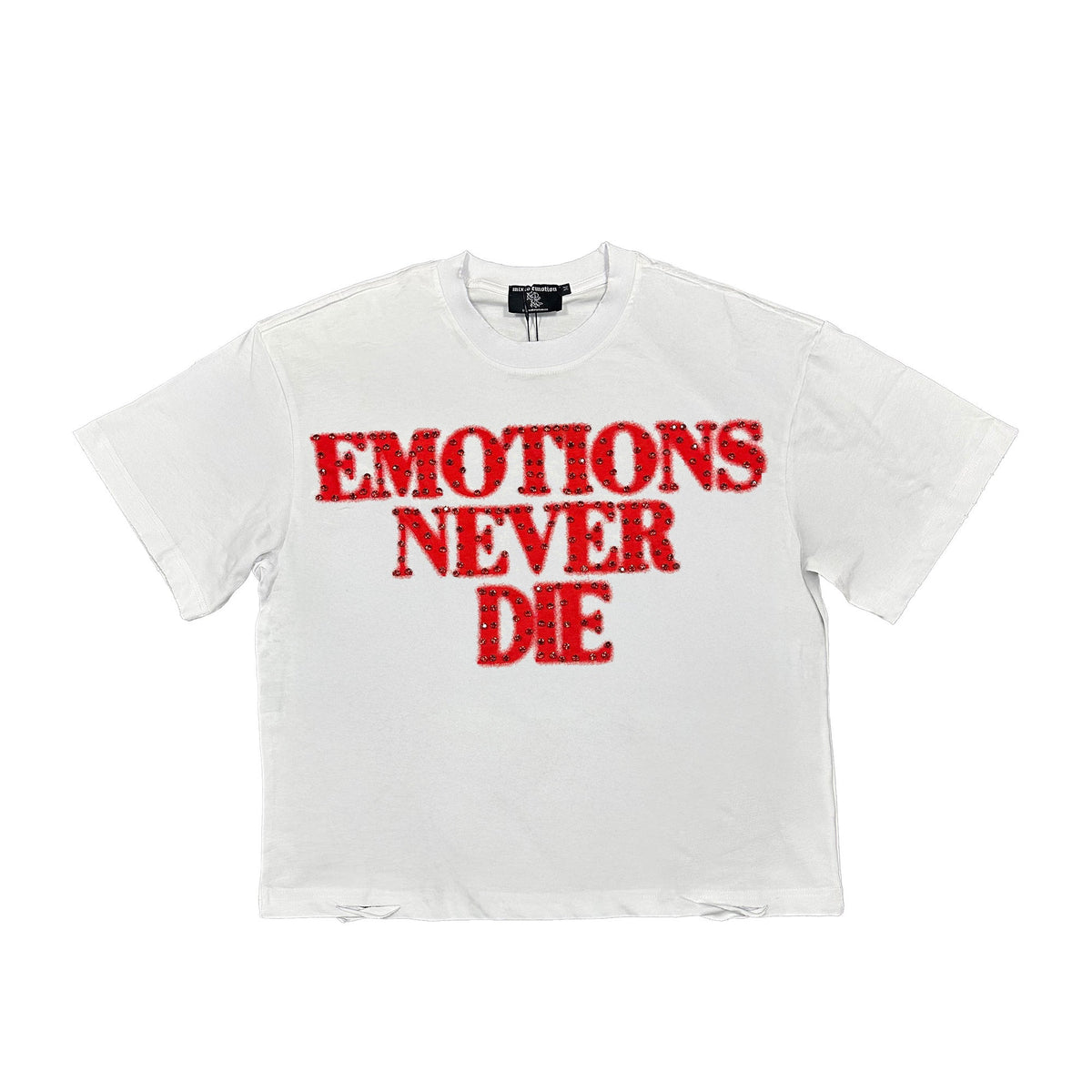 Men's white rhinestone tee with red 'EMOTIONS NEVER DIE' graphic