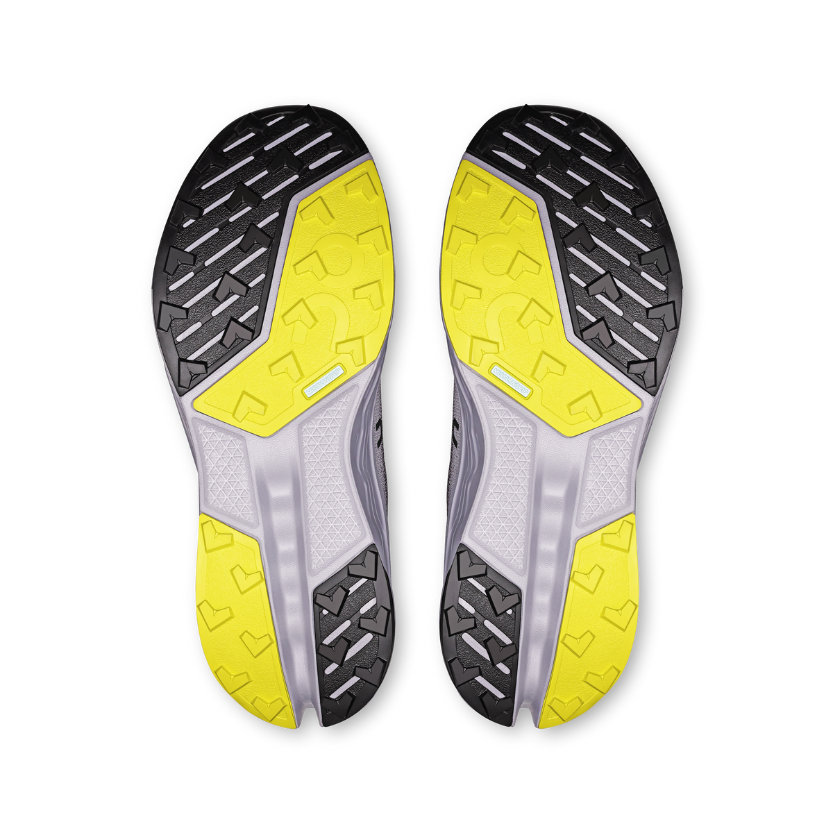Women's trail running shoes outsole, black tread with bright yellow traction panels