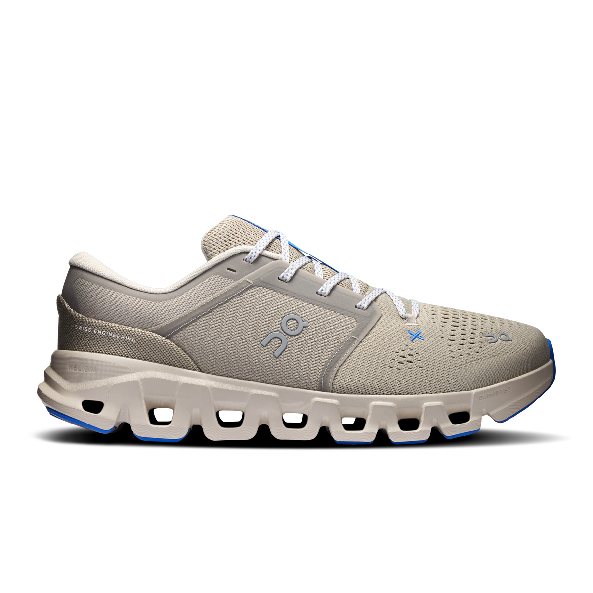 Men's running shoes in light gray with blue accents, lace-up.