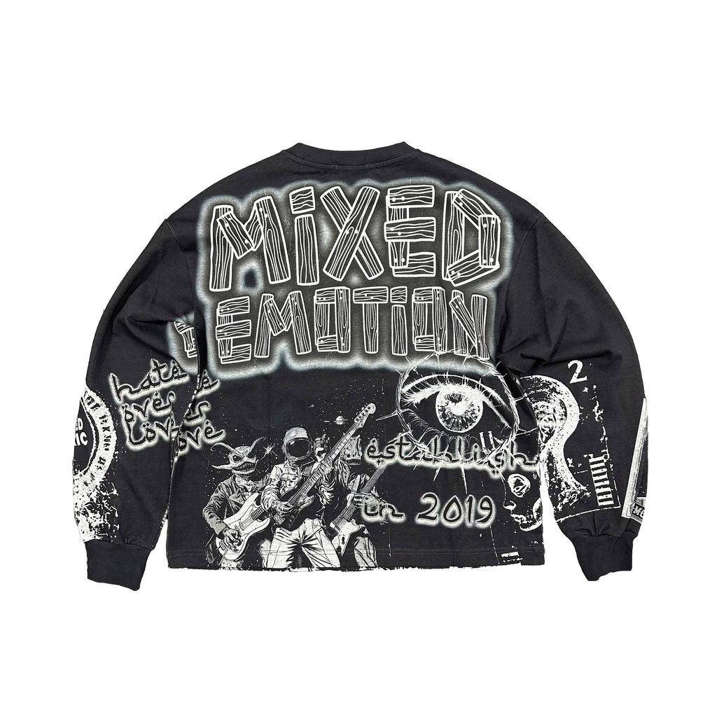 Men's black long-sleeve graphic T-shirt with large 'MIXED' back print, crew neck