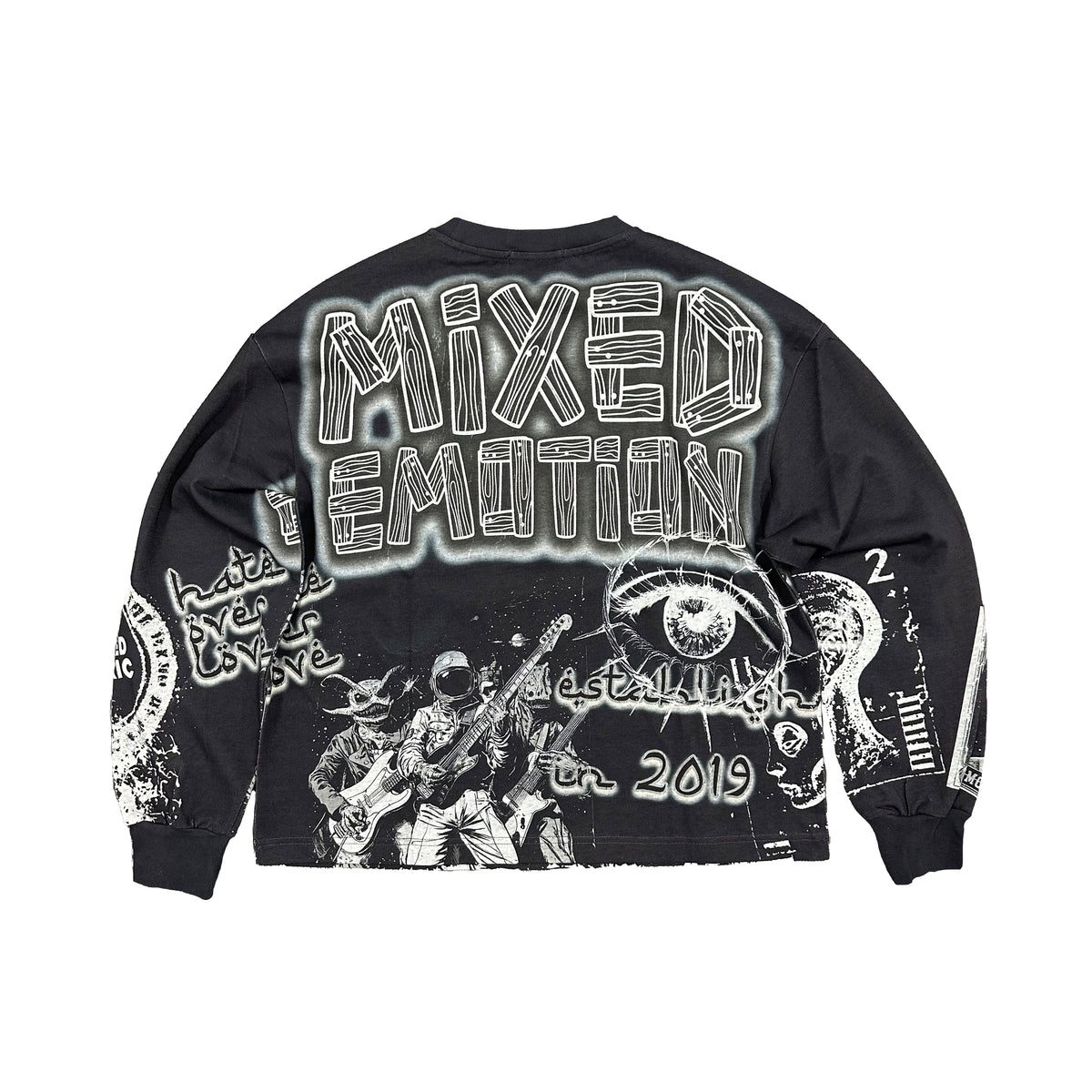 Men's black long-sleeve graphic T-shirt with large 'MIXED' back print, crew neck