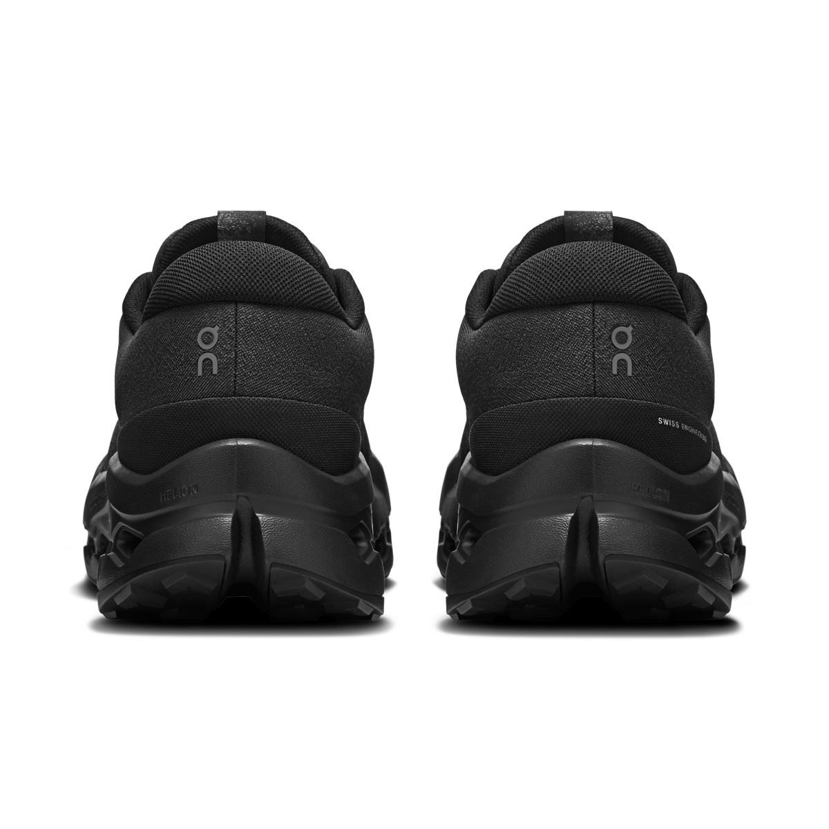 Men's black waterproof trail shoe rear view with heel pull tab and cushioned collar