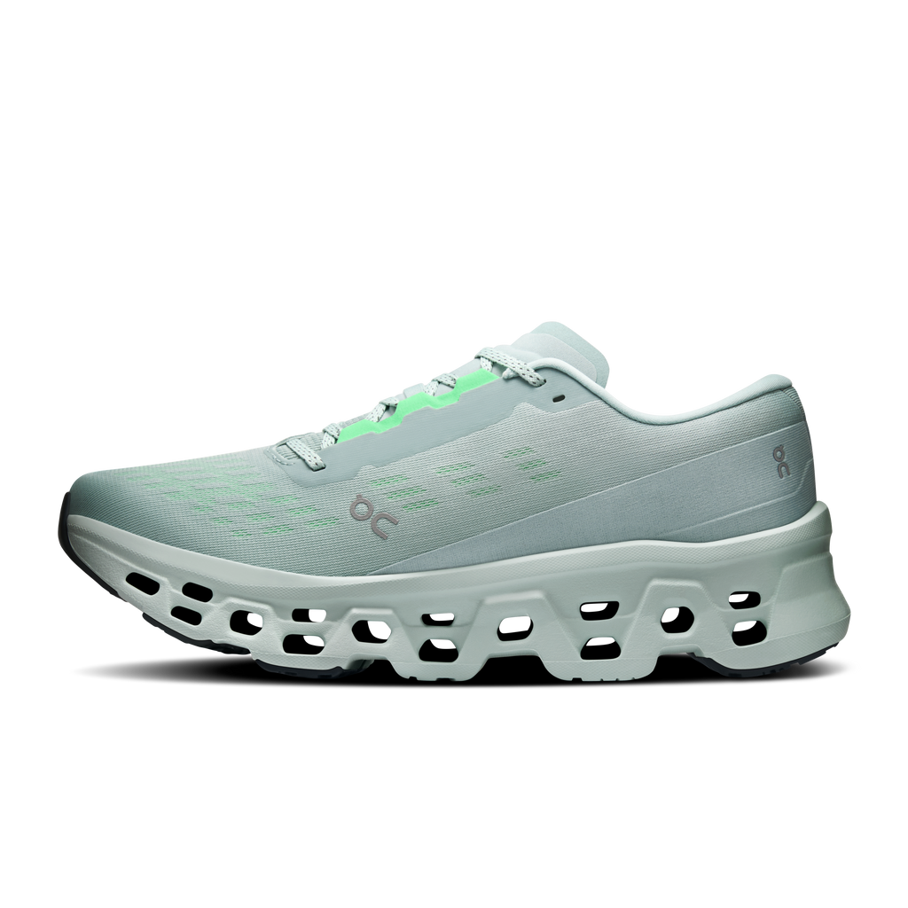 Men's running shoe, light blue-green upper with On logo, CloudTec pod outsole