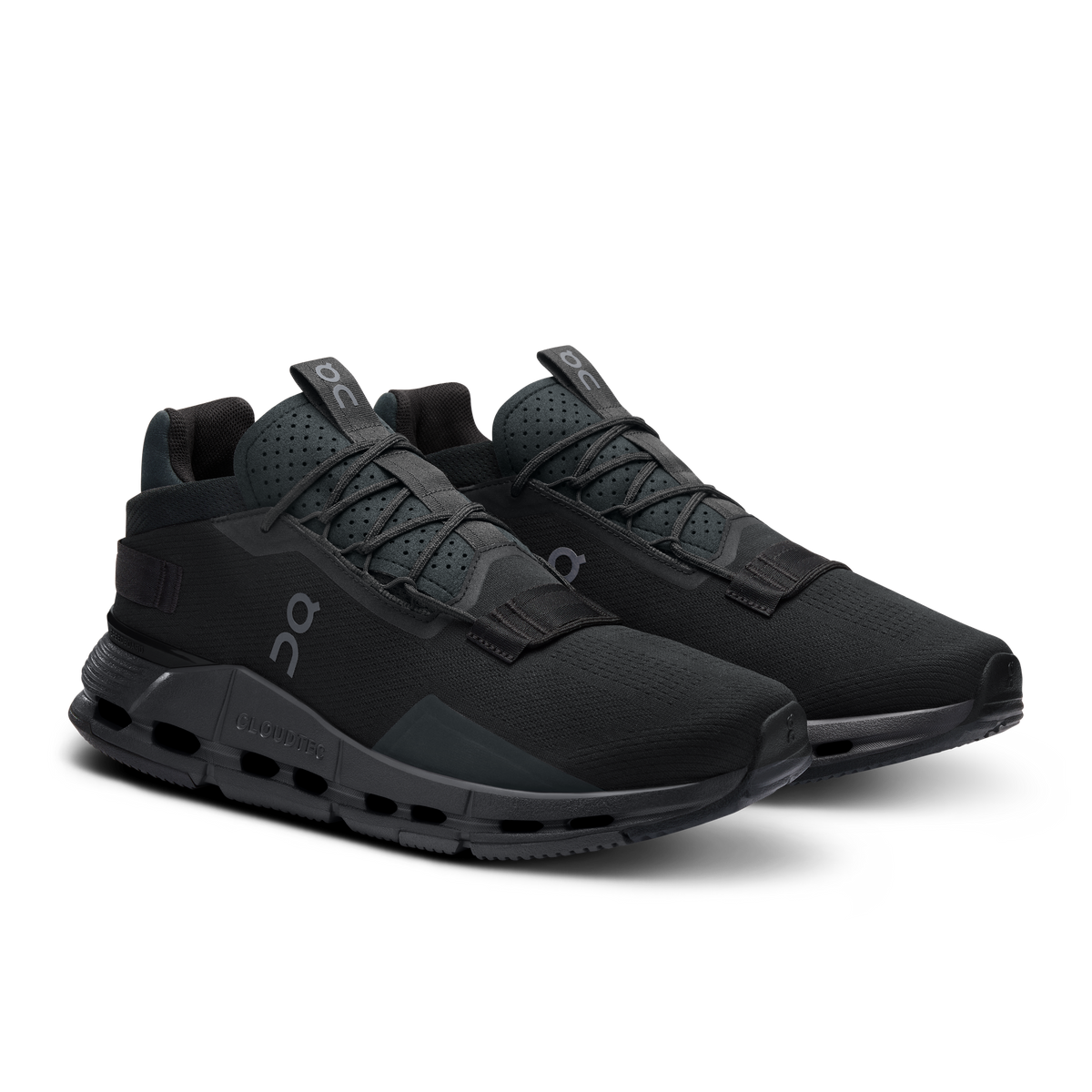 Men's black lace-up running shoes, side view with logo and CloudTec sole