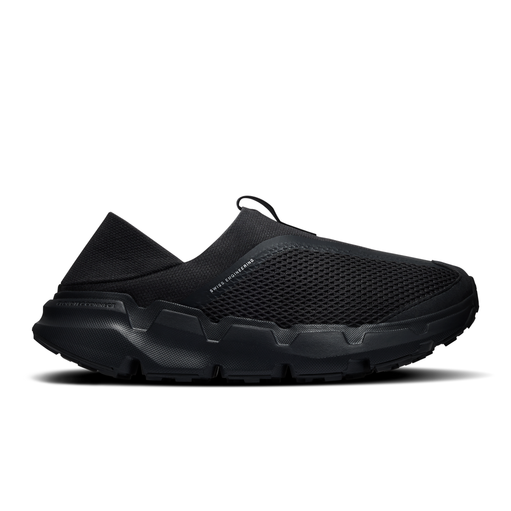Women's black slip-on moc shoes with mesh upper and cushioned Cloud-style sole