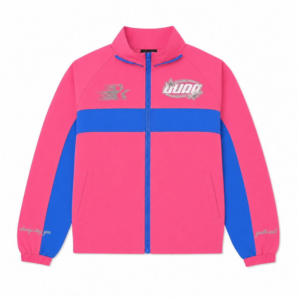 Men's pink and blue colorblock zip-up jacket with stand collar and chest logo
