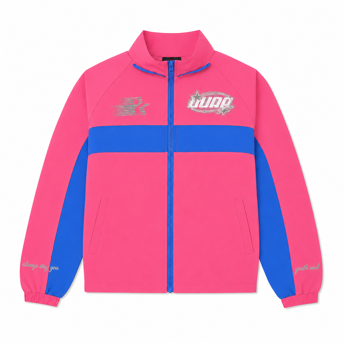 Men's pink and blue colorblock zip-up jacket with stand collar and chest logo