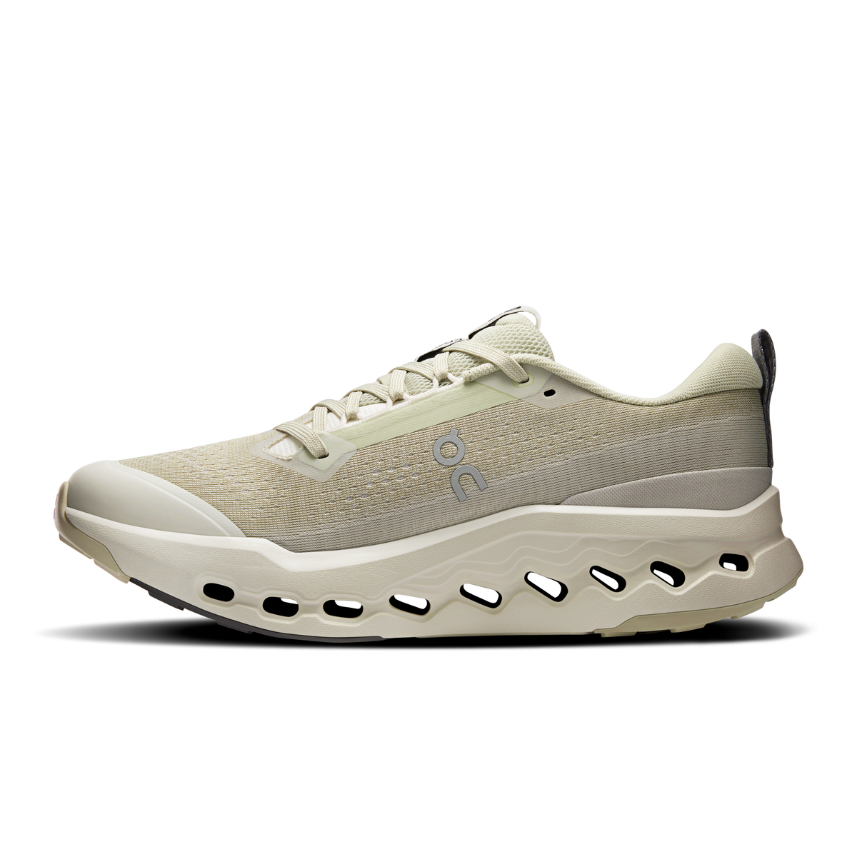 Men's trail running shoes, side view, light beige upper with cutout sole