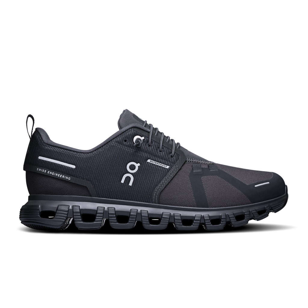 Women’s waterproof running shoes in dark gray/black, lace-up with cloud-style cushioning