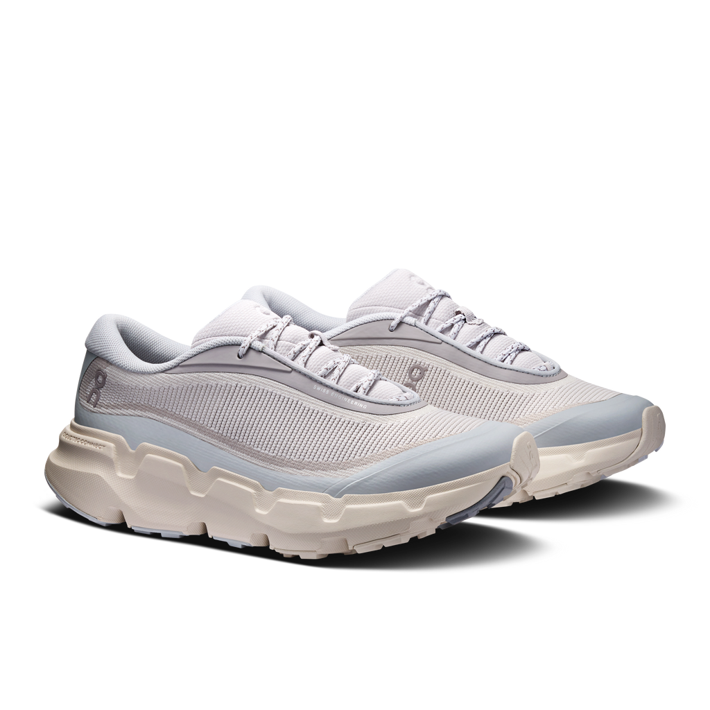 On Cloudsoma Hike shoes for women, textured knit upper, cushioned sole in glacier/pearl.