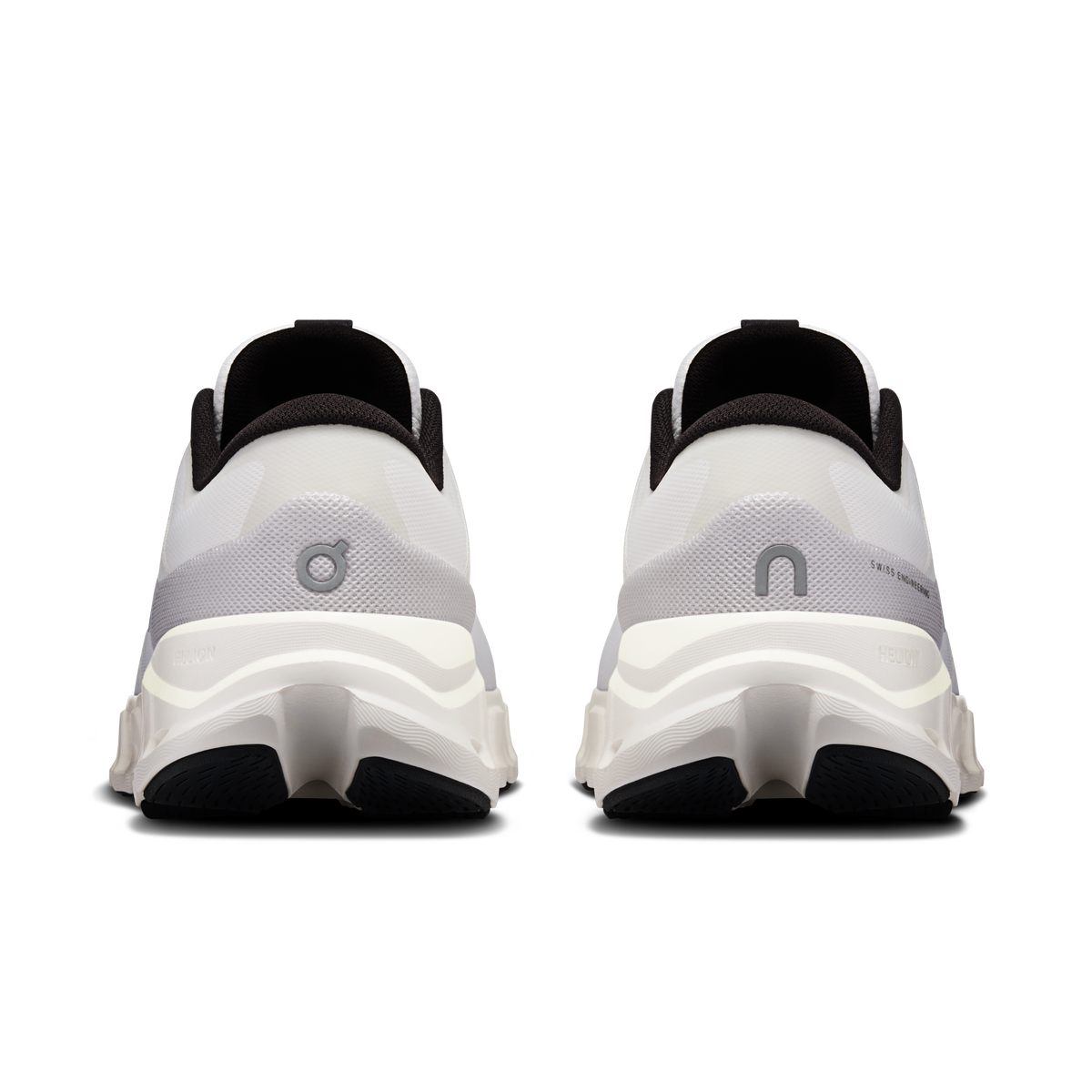 Women's white running shoes rear view with dark heel lining