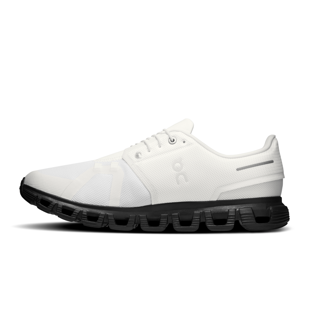 On Cloud 6 men's running shoes, white upper with black heel and sole edge