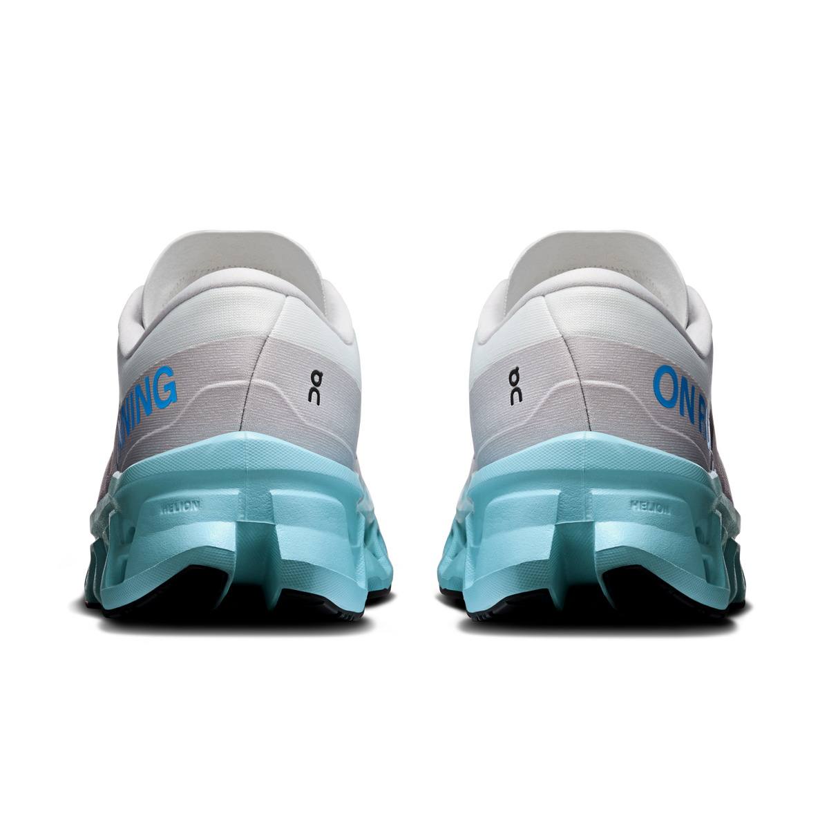 Men's Cloudmonster 3 running shoes, rear view in ivory with light blue heel