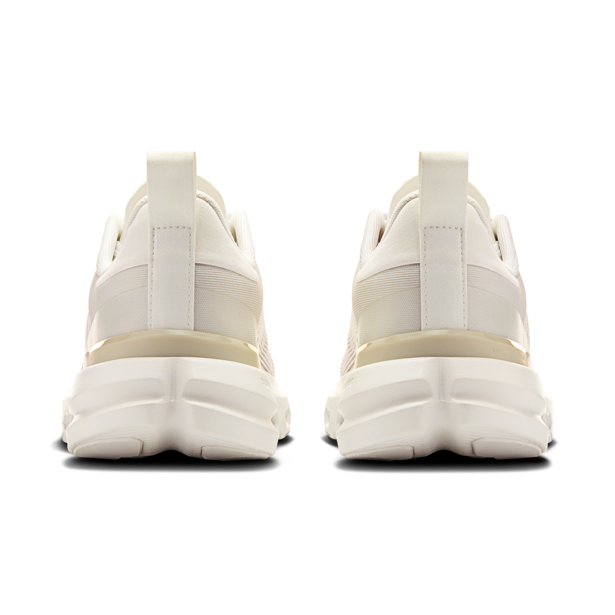 Men's running shoe heel view in white with padded collar and cushioned sole pods