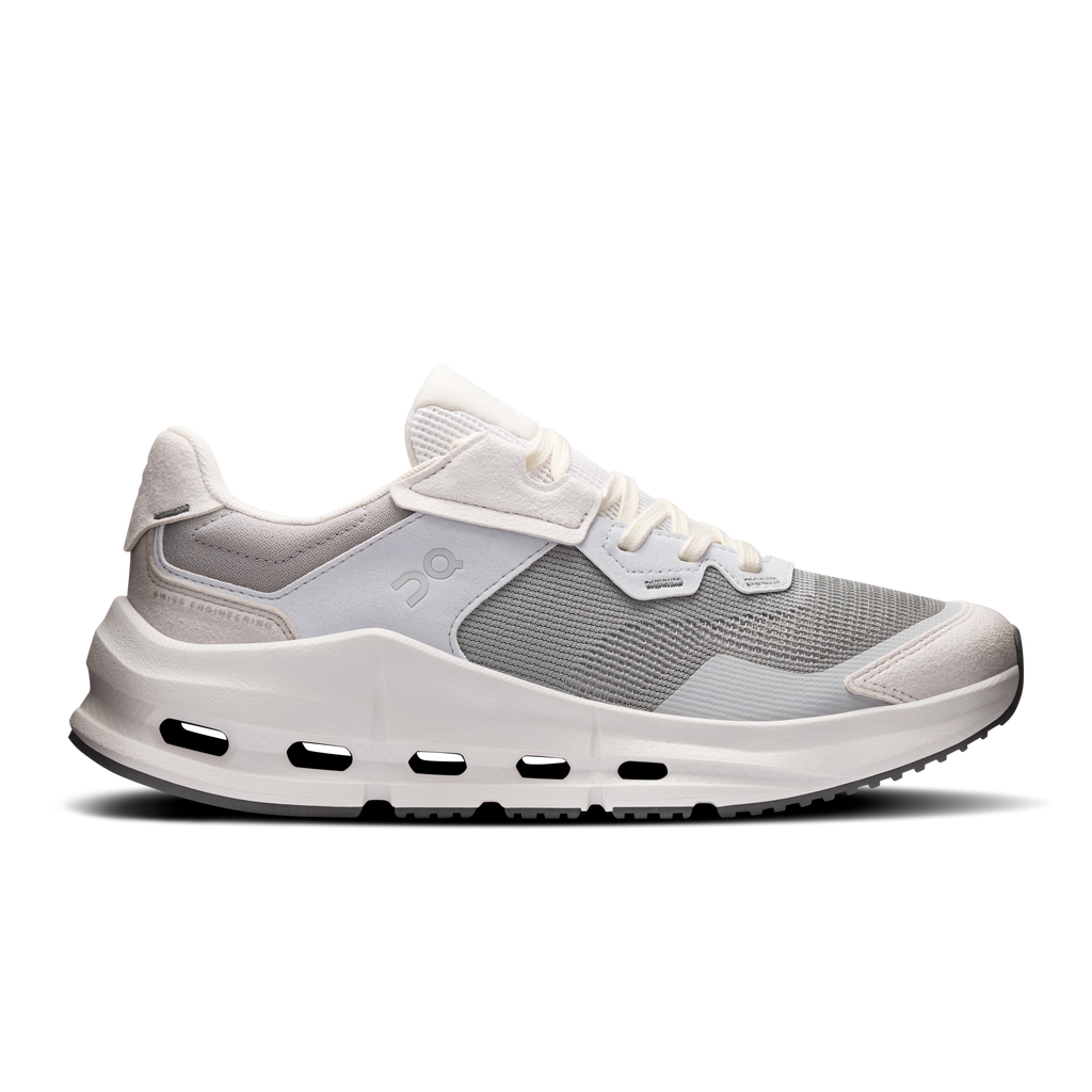 Women's running shoes in gray knit with white CloudTec sole and lace-up straps