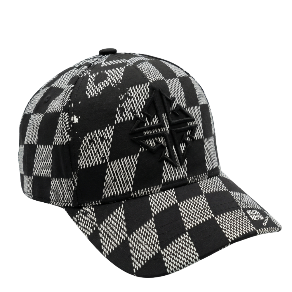 Men's black-and-grey checkerboard baseball cap with bow-style front emblem