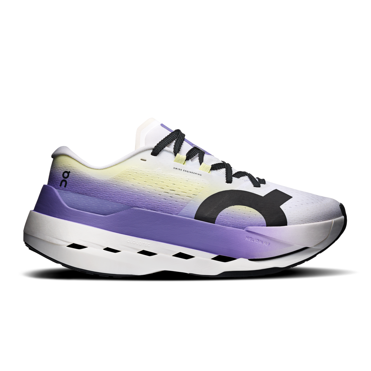 Women’s running shoes by On in white with purple gradient, black laces and midsole