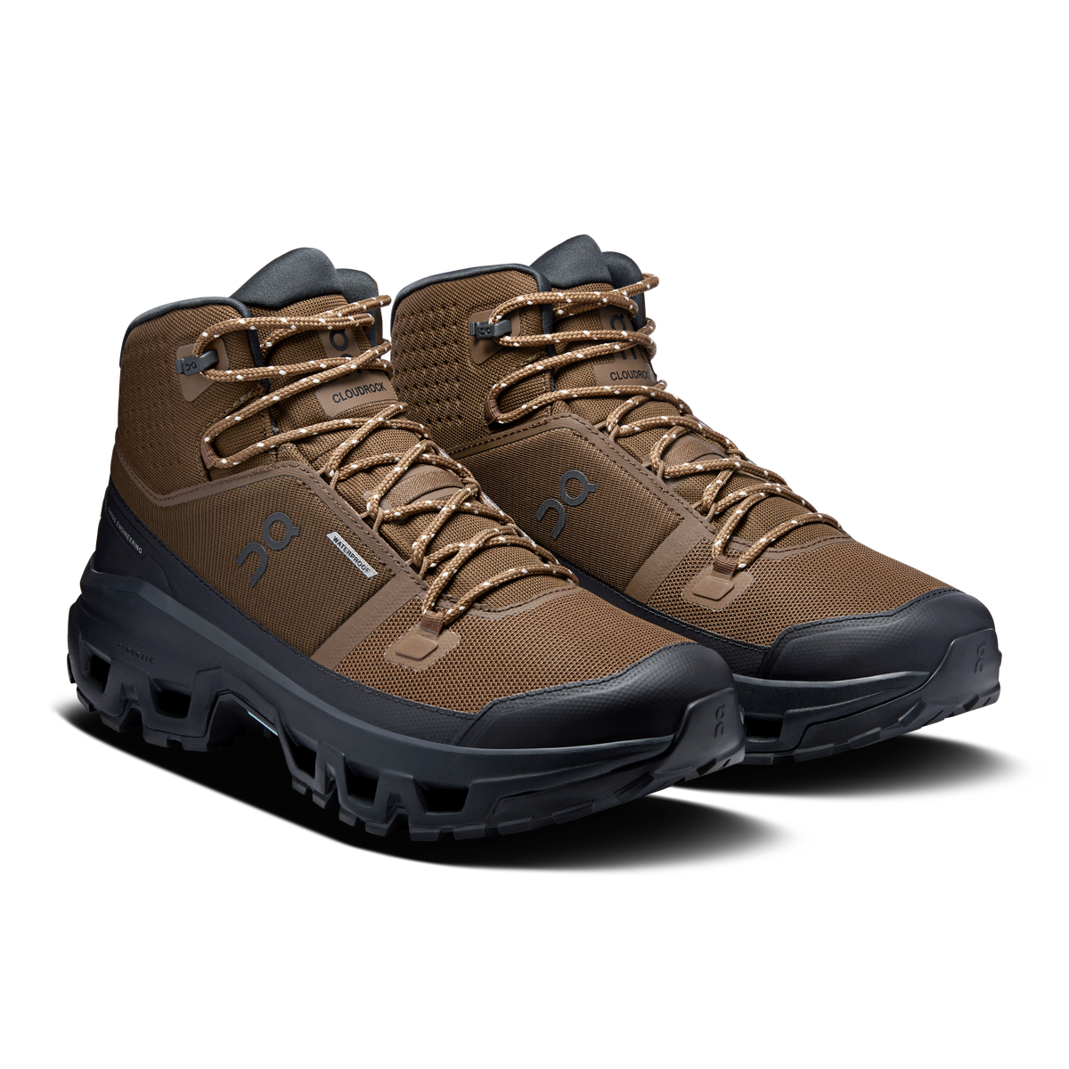 Men's mid waterproof hiking shoes, brown mesh upper with black rubber toe and heel