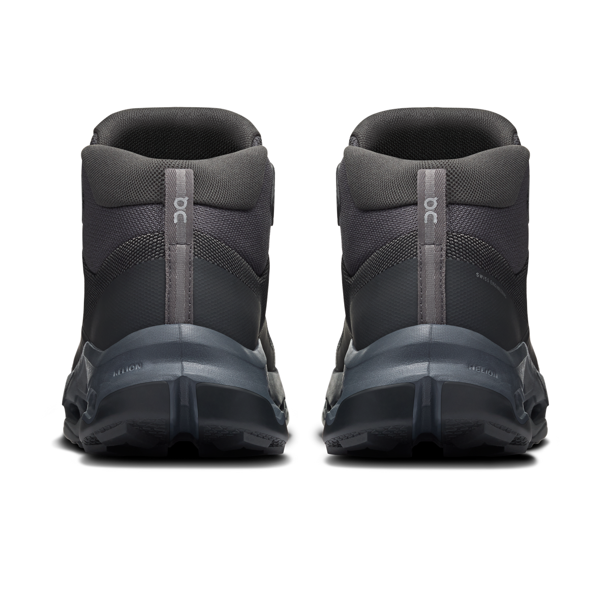 Men's waterproof mid hiking shoes by On, back view with heel pull tab and cushioned collar